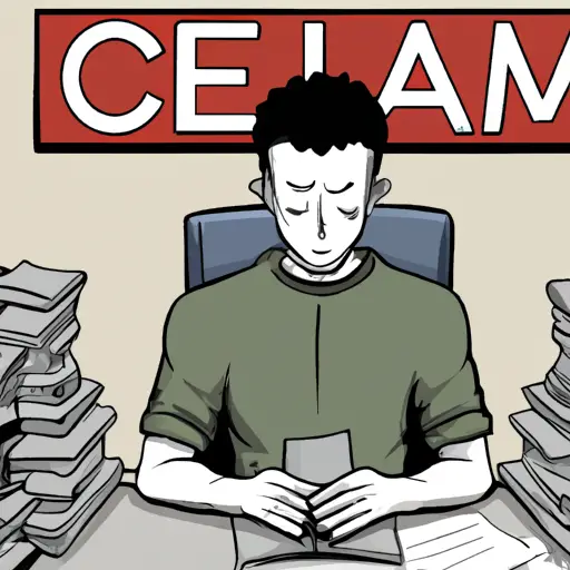 An image depicting a calm individual sitting at a desk, surrounded by a mountain of tasks