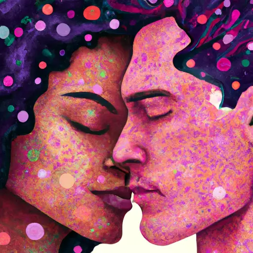 An image of a couple embracing, with their eyes closed, surrounded by vibrant colors that evoke intense emotions