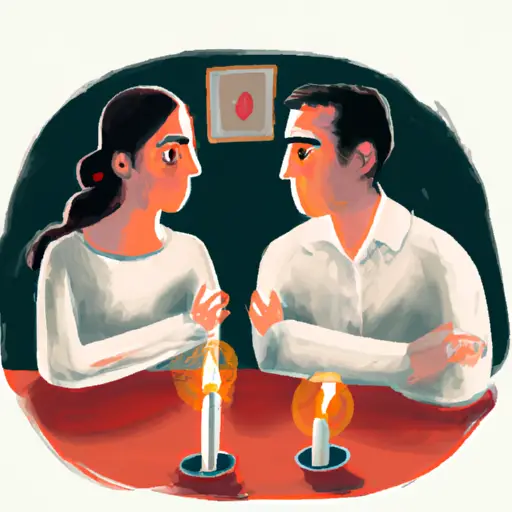 An image of a couple sitting together, facing each other with open body language