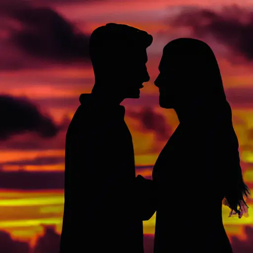 An image depicting a couple silhouetted against a vibrant sunset, their hands intertwined as they gaze deeply into each other's eyes, capturing the essence of rediscovered intimacy and connection in a passionate marriage