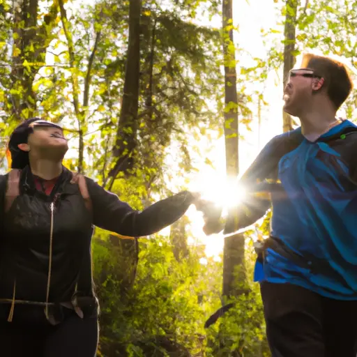 An image showcasing a couple holding hands while hiking through a lush forest, their faces filled with exhilaration