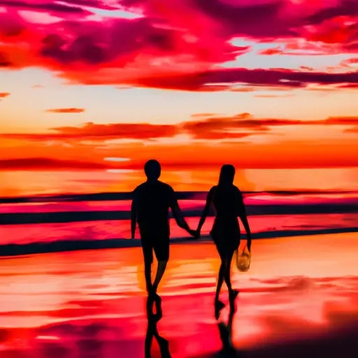 An image showcasing a couple holding hands while walking along a serene beach at sunset