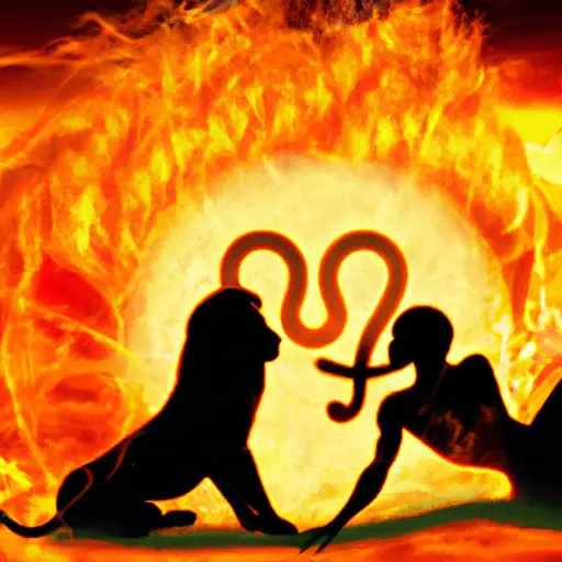 An image showcasing a passionate couple basking in a warm sunset, as the Leo zodiac sign playfully ignites a glowing fire, symbolizing their fiery nature