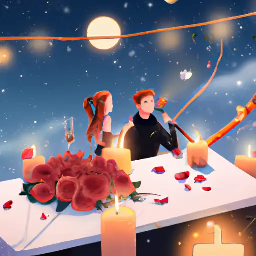 An image showcasing a couple on a candlelit rooftop dinner under a starry night sky