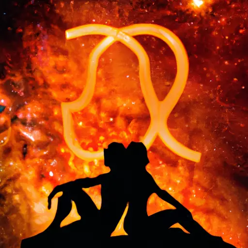 An image showcasing a couple basking under a starlit sky, with the mesmerizing Leo zodiac sign illuminating their passionate embrace