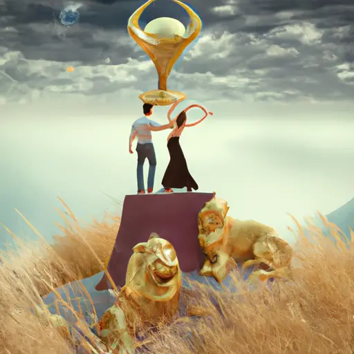 An image showcasing a couple standing on a mountaintop, with the Leo zodiac sign gazing at the stars while their partner holds a golden trophy, symbolizing unwavering support of their ambitions and dreams