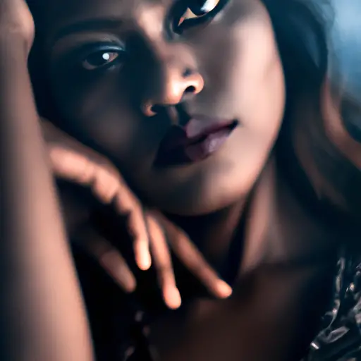 An image showcasing a Scorpio woman's intense gaze, her piercing eyes reflecting intrigue and mystery