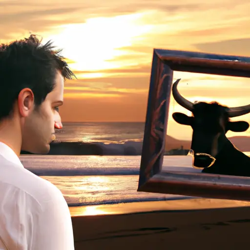 An image showcasing a tranquil sunset beach scene with a Taurus man, affectionately holding a framed picture of you, while a gentle breeze rustles his hair, revealing a wistful gaze in his eyes