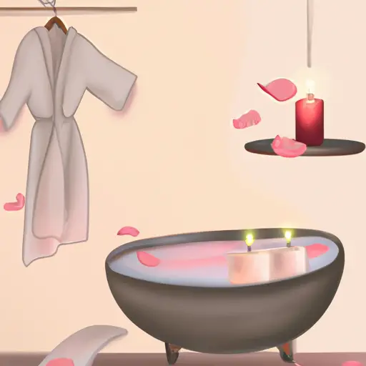 An image of a serene bathroom with a flickering candle, a plush robe hanging on a hook, and a steaming bath filled with rose petals