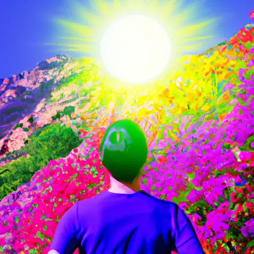 An image of a person standing on a mountaintop, surrounded by vibrant flowers and basking in warm sunlight