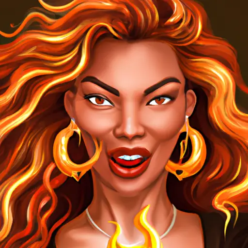 An image showcasing a confident Leo woman with flowing fiery hair, adorned in vibrant golden jewelry, casting a sultry gaze towards an attractive partner who is engaging in playful banter with another person