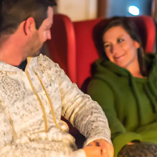 An image showcasing a couple sitting on a cozy couch, facing each other, with warm lighting and genuine smiles