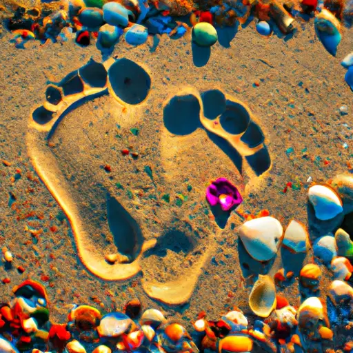 An image showcasing a serene, sun-kissed beach with two pairs of footprints side by side in the sand, leading towards a heart-shaped seashell nestled amidst a scattering of colorful seashells