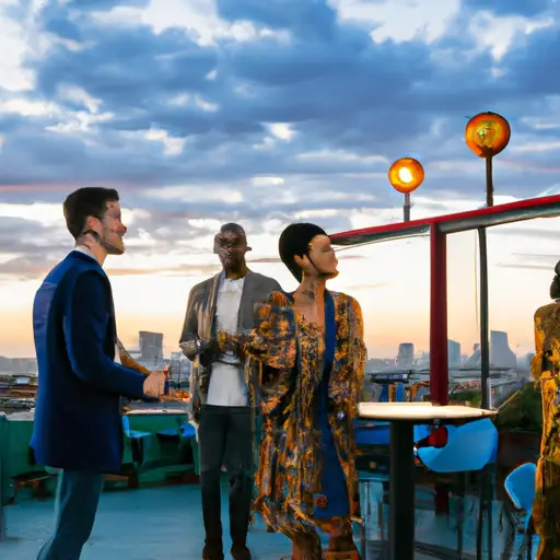 An image featuring a vibrant cityscape at dusk, with a group of diverse, fashionable men engaging in a lively conversation with confident, approachable women at a trendy rooftop bar, radiating youthful energy and connection