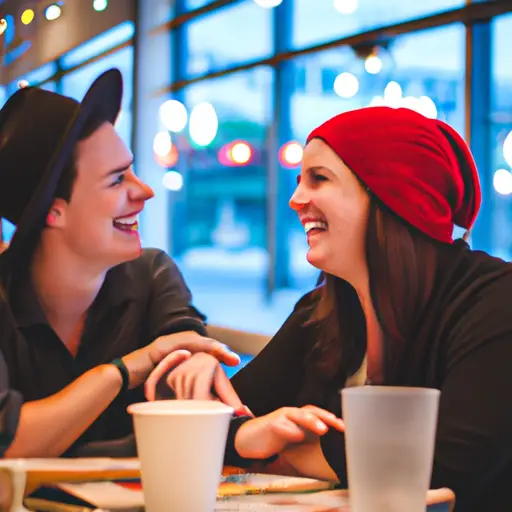 An image showcasing a cozy coffee shop scene, with two individuals engrossed in conversation