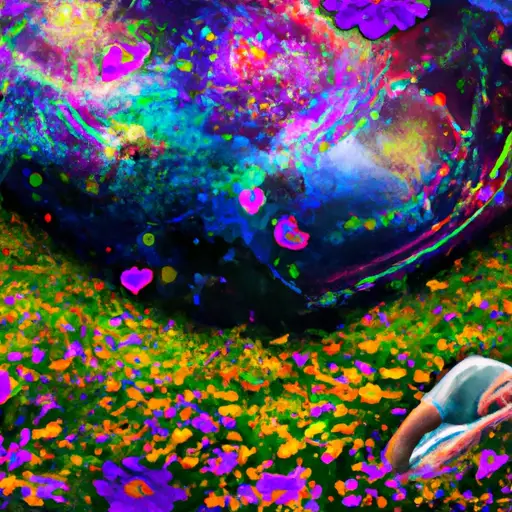 An image featuring a person lying in a serene meadow at twilight, surrounded by a vibrant array of blooming flowers