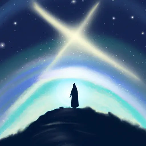  Create an image depicting a serene night sky with stars, where a person stands on a hill, gazing at a radiant moon