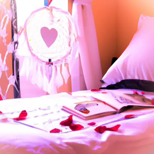 An image showcasing a serene, moonlit bedroom with a vibrant dreamcatcher hanging above a bed adorned with rose petals