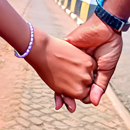 An image featuring a close-up shot of a man's hand gently holding a woman's hand, showcasing a subtle smile on his face as they walk side by side, symbolizing a meaningful connection and consistency after a passionate one-night stand