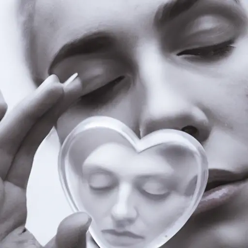An image that shows a person tenderly holding a fragile glass heart, their face mirroring the emotions of others surrounding them