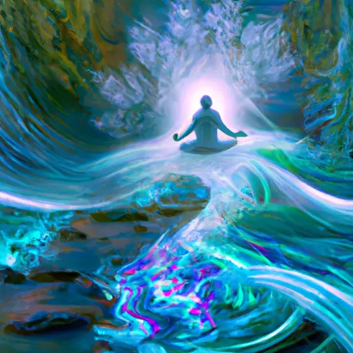 An image featuring a serene, ethereal landscape with vibrant energy streams intertwining around a person meditating, illustrating the profound connection between Divine Quantum Healing Codes and harmonizing one's energy
