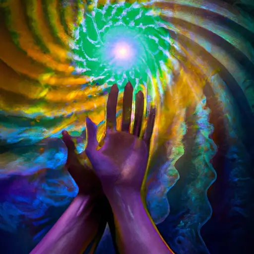 An image showcasing a serene, ethereal landscape with vibrant energy spiraling from a person's outstretched hands