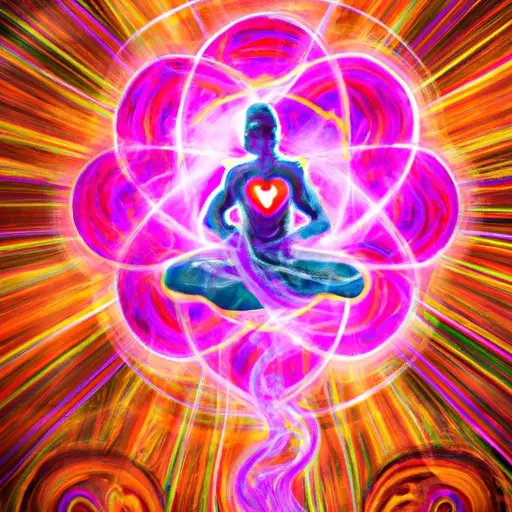 An image showing a serene figure sitting cross-legged, surrounded by vibrant energy spirals