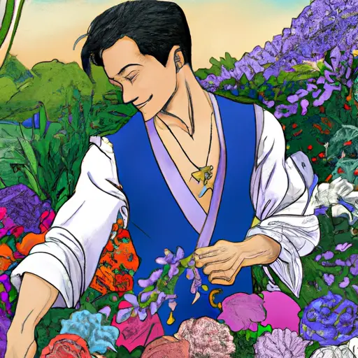 An image showcasing a serene garden filled with vibrant, harmonious flowers, where a Libra man is delicately arranging a bouquet with his charming smile, captivating the viewer with his elegance and grace