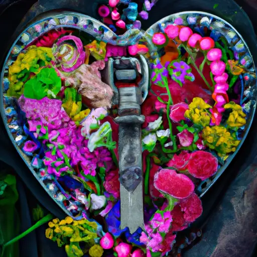 An image showcasing unconventional love: a vibrant bouquet of wildflowers entwined with a delicate, steampunk-inspired heart-shaped locket, symbolizing the extraordinary beauty and unexpected charm of love