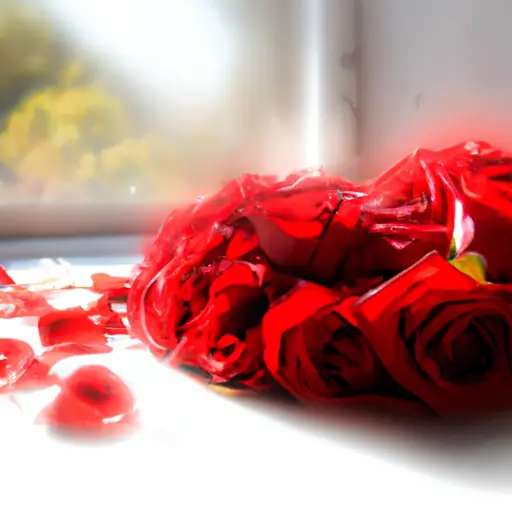 An image showcasing a heart-shaped bouquet of vibrant red roses, delicately arranged with scattered rose petals on a sunlit windowsill