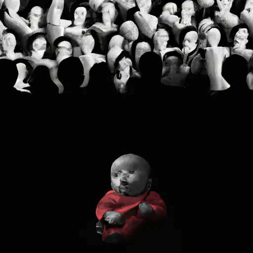 An image depicting a solitary figure surrounded by a crowd of silhouettes, each holding a baby