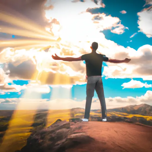 An image showcasing a person standing on a mountaintop, their arms outstretched towards the sun