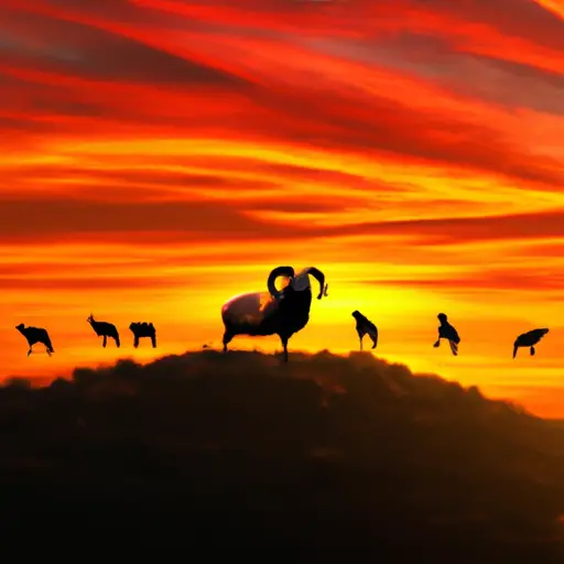 An image of a fiery sunset casting a golden glow over a lone black ram standing defiantly atop a hill, while others near him strive for attention but remain unnoticed