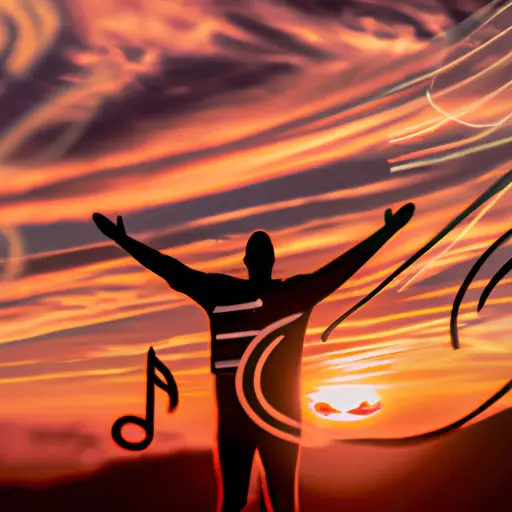An image of a vibrant sunrise casting warm, golden hues over a solitary figure standing confidently atop a mountaintop, arms outstretched, as ethereal music notes float around them, symbolizing the freedom and empowerment of embracing one's true self