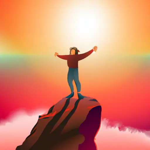 An image of a person standing on a mountaintop with arms outstretched, surrounded by a vibrant sunrise