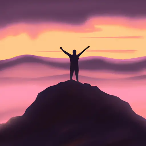 An image of a lone figure standing atop a mountain, silhouetted against a vibrant sunrise