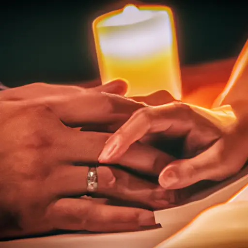 An image that depicts a couple holding hands, their fingers interlocked, as they sit across from each other at a candlelit table