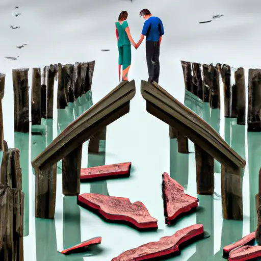 An image showcasing a couple holding hands, standing on opposite ends of a broken bridge, symbolizing the fragility of their marriage