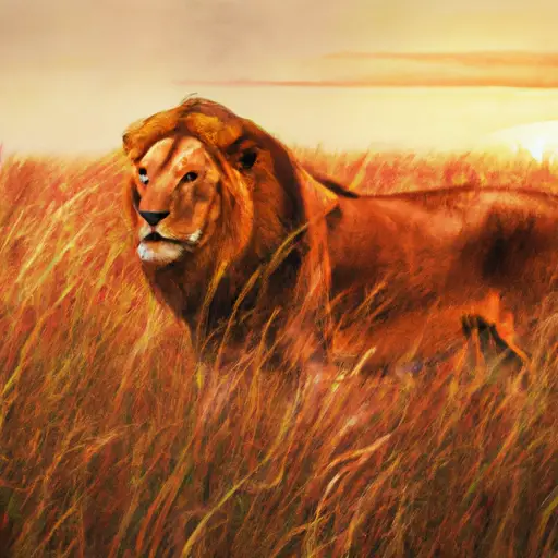 An image showcasing a serene African savanna at dawn, with a majestic lion standing tall amidst golden grass