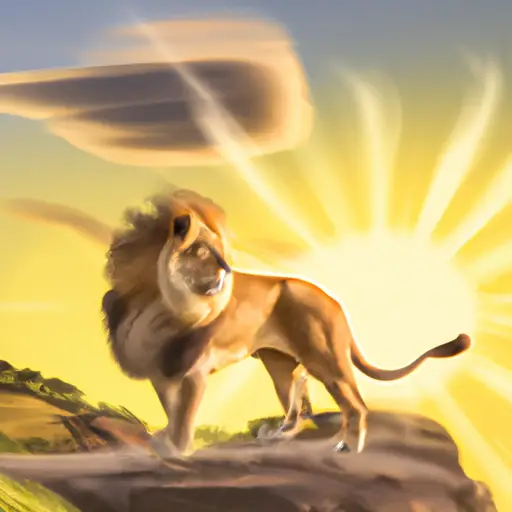 An image showcasing a serene African savannah at sunset, with a majestic lion standing proudly on a rock, its golden mane flowing in the wind