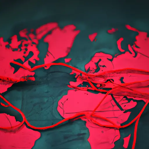 An image depicting two intertwined red strings stretching across a map of the world, symbolizing the unbreakable bond of long distance love