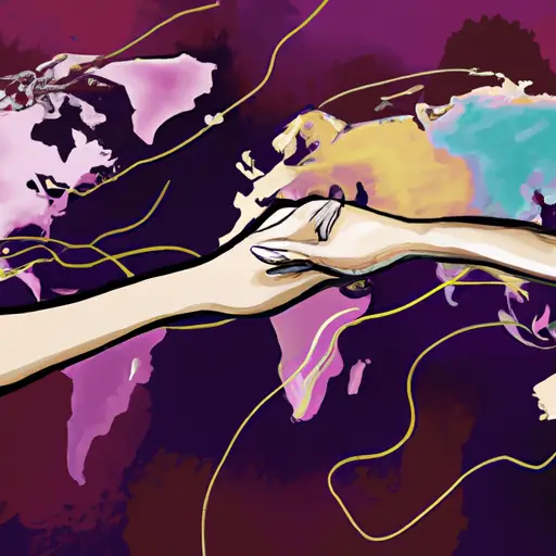 An image showcasing two hands, reaching out towards each other from opposite sides of a world map