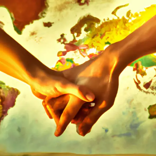 An image capturing the essence of long-distance love: a couple's intertwined hands reaching across a world map, symbolizing the distance they conquer together, while soft golden light illuminates their faces, radiating hope and commitment