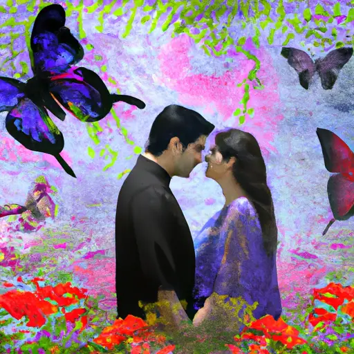 An image of a young couple standing together in a serene garden, surrounded by blooming flowers and vibrant butterflies