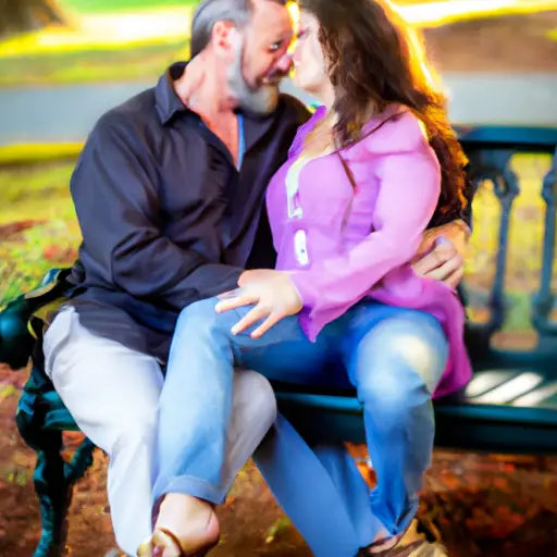 An image of a couple sitting on a park bench, sharing a warm embrace