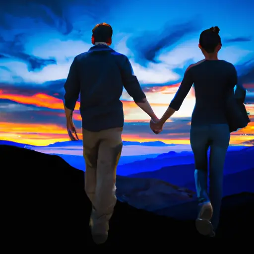 An image showcasing a young couple hiking hand in hand towards a breathtaking sunset on a mountaintop, symbolizing the power of a shared life purpose in cultivating a happy and fulfilling marriage