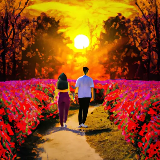 An image depicting a couple holding hands, walking together on a path lined with vibrant flowers, symbolizing their shared life purpose