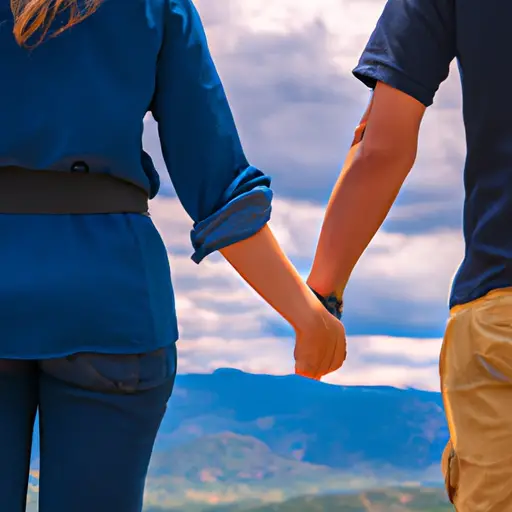 An image of a couple standing side by side on a beautiful mountaintop, hands clasped together, gazing out at a vast horizon filled with possibilities, symbolizing their shared life purpose and the fulfillment it brings to their marriage
