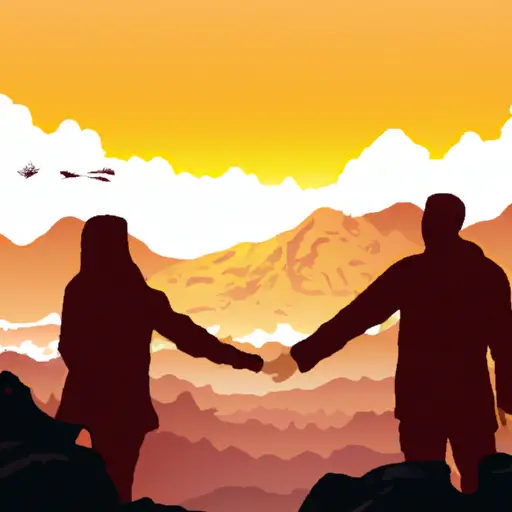 An image depicting a couple standing atop a mountain, facing a beautiful sunrise, holding hands and smiling, symbolizing the shared journey towards a common purpose in marriage and the everlasting joy it brings