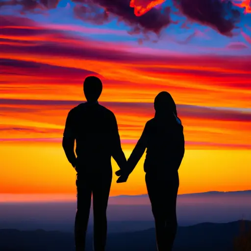 An image capturing a couple standing atop a majestic mountain, holding hands, and gazing at a breathtaking sunset